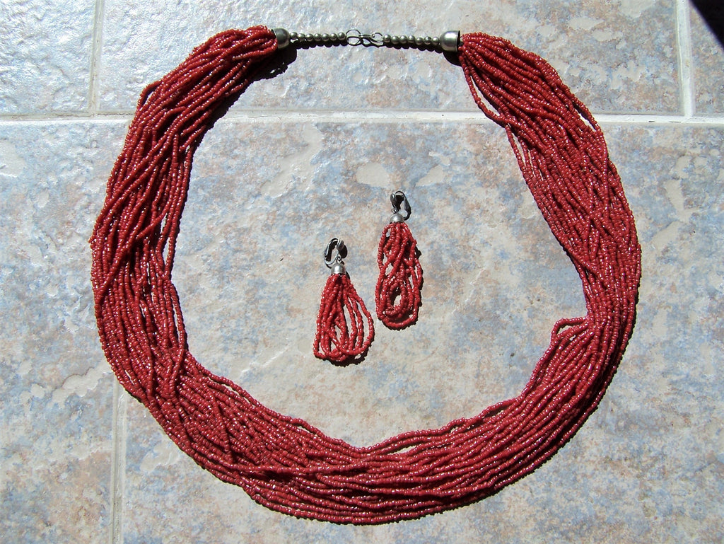 Southwest Authentic Navajo Deep Red Coral Necklace with Earrings - 25 strands - 31"